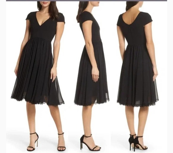 Dress The Population Corey Chiffon Fit Flare Dress Black size XS NEW - Picture 1 of 8
